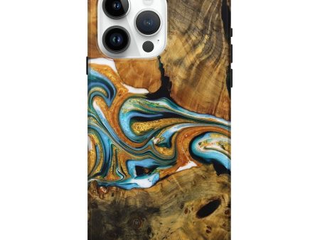 iPhone 15 Pro Max Wood Live Edge Phone Case - Jurek (Teal & Gold, 729364) For Sale