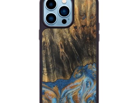 iPhone 14 Pro Max Wood Phone Case - Herma (Teal & Gold, 729234) For Sale